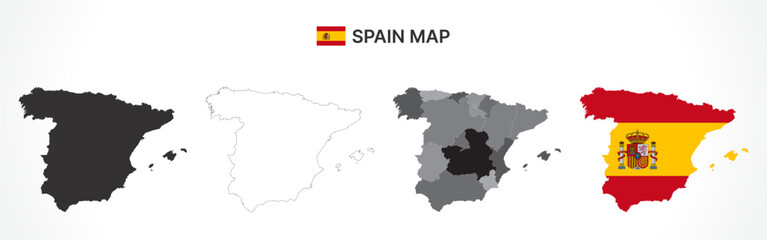 Detailed Spain Map Collection with Outline, Silhouette, Autonomous Communities, and Flag Overlay Variations