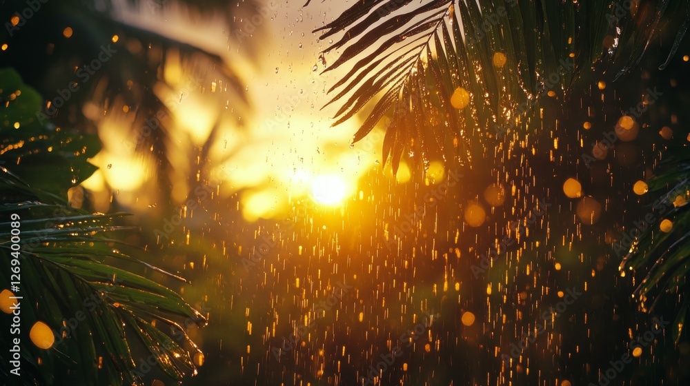 Poster sunlight filters through leaves after a rain shower creating a warm glow in a forest