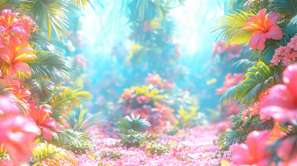 Obraz premium カラフルな花々と緑に囲まれた幻想的なジャングルの景色。generative ai