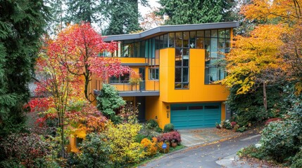 Autumnal orange house, tree-lined driveway, fall foliage. Real estate listing image
