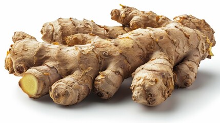 Fresh ginger root with a rough, beige exterior, showcasing its knobby texture and vibrant yellow interior, commonly used in cooking and herbal remedies.