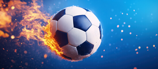 Fototapeta premium Flaming Soccer Ball in Motion with Exciting Blue Background