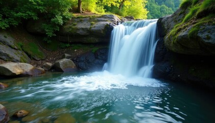 Obraz premium The sound of rushing water fills the air as a waterfall cascades down a rocky slope, natural, peaceful