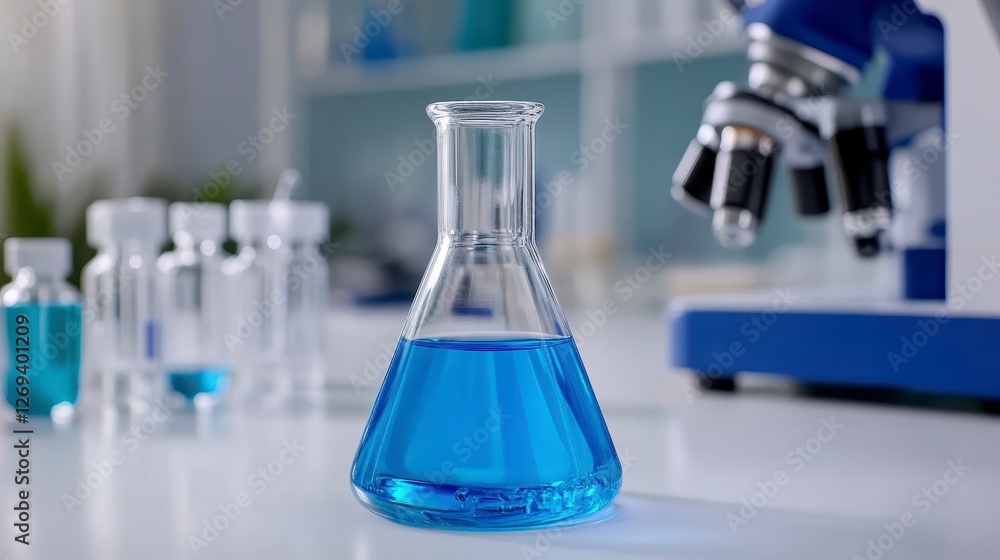 Poster close up view of a clear erlenmeyer flask containing a vibrant blue liquid, positioned on a pristine