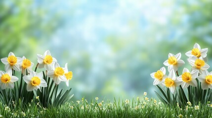 Fototapeta premium Bright and vibrant daffodils blooming in a lush green field on a sunny spring day