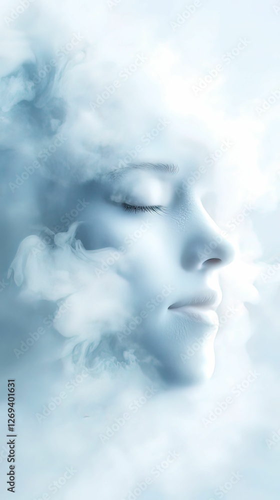 Poster a serene, ethereal portrait of a face partially obscured by soft, wispy clouds, evoking tranquility 