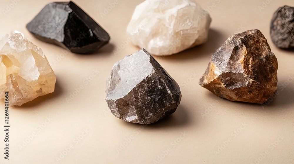 Poster a collection of various mineral rocks displayed on a neutral background, showcasing different colors