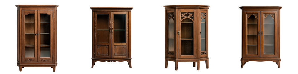 Obraz premium Ornate Wooden Antique Cabinet with Glass Display Shelves for Home Decor Elegant Vintage style Wooden Bookcase with Decorative Carvings and Details Perfect for Displaying Collectibles Books