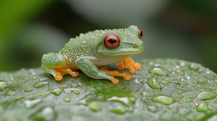 Obraz premium Vibrant green frog sitting on a leaf covered in droplets after a rain in a lush environment