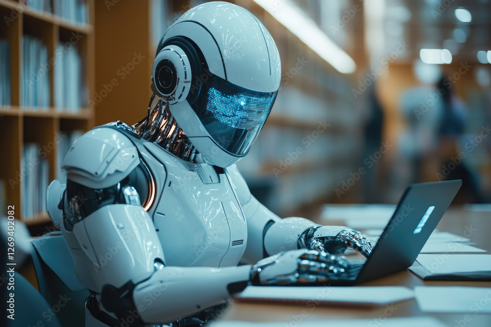 Poster a futuristic robot teacher using an ai-powered assistant to track and provide personalized feedback 