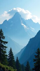 Obraz premium Towering mountain peaks covered in misty cloud, peaks, tree branches