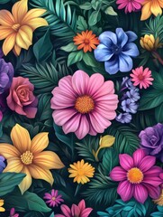 Obraz premium Floral background illustration with colorful flowers and leaves for autism awareness day.