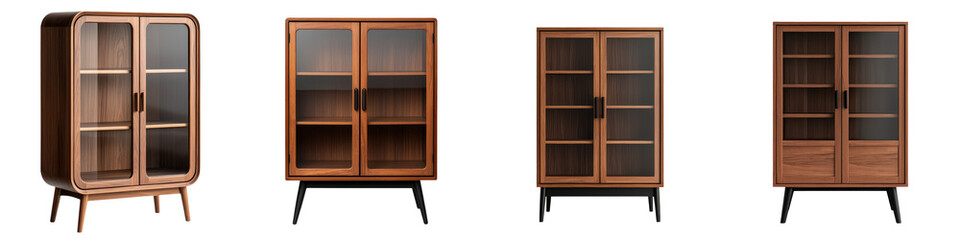 Assortment of Wooden Display Cabinets with Adjustable Shelves in Various Contemporary and Retro Home Interior Design Styles for Living Room Bedroom or Office Storage and Organization