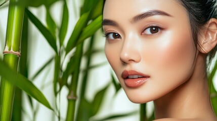 Fototapeta premium In a tranquil bamboo grove, a young asian model radiates beauty with her flawless skin and serene expression, embodying elegance while surrounded by nature's greenery