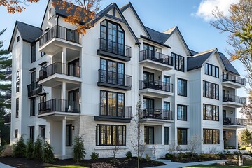Fototapeta premium Multi Story Building Exterior with Balconies and Black Framed Windows in a Residential Area