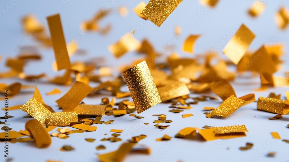 Poster macro shot showcasing a dynamic cascade of shimmering golden confetti against a soft white backgroun