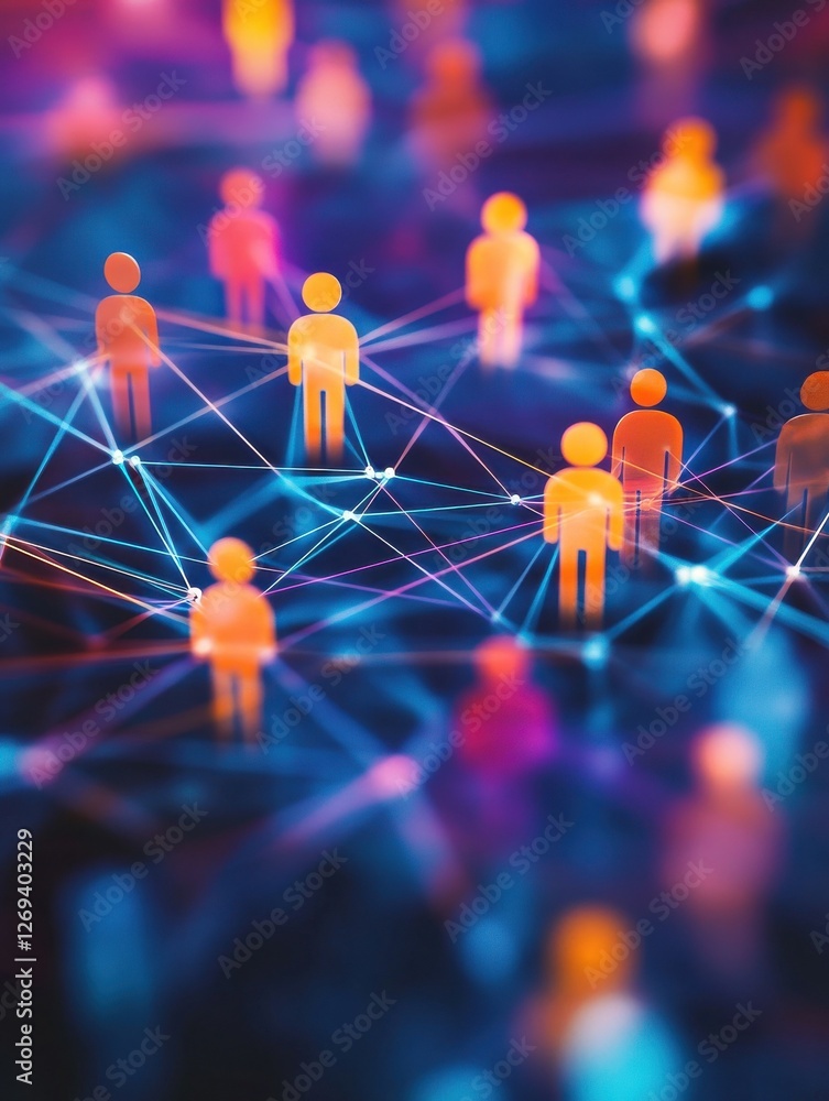Poster abstract network of colorful people icons connected by lines, representing social interactions and c