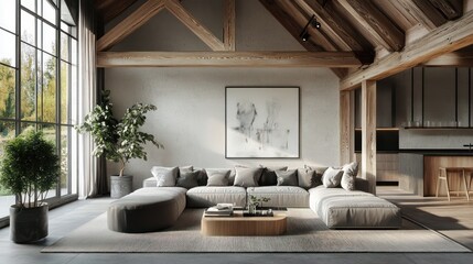 Modern farmhouse living room, sunlight, large windows, open plan