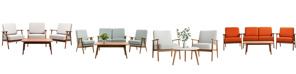 A harmonious and visually appealing modern living room with a carefully curated arrangement of elegant and minimalist furniture including couches chairs and a coffee table