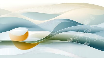 Abstract Wave Design With Floral Accents And Orange Orb