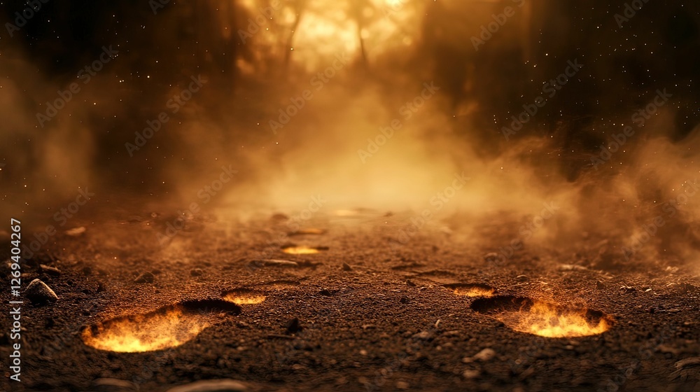 Poster a mystical path illuminated by glowing footprints, surrounded by a foggy atmosphere and warm light f