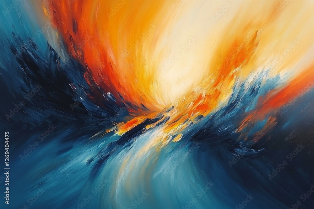 Poster vivid abstract waves with fiery colors and serene blue backdrop capturing movement and emotion in mo
