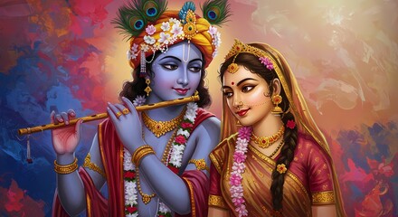 Krishna and Radha: A vibrant depiction of Krishna playing his flute for Radha, adorned in rich jewel tones and surrounded by a colorful, ethereal backdrop. The image evokes love, devotion.
