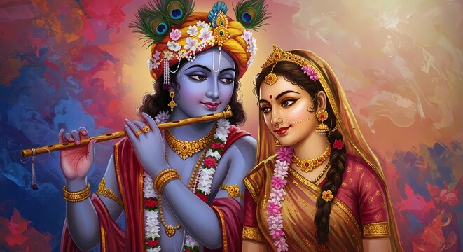 Naklejki Krishna and Radha: A vibrant depiction of Krishna playing his flute for Radha, adorned in rich jewel tones and surrounded by a colorful, ethereal backdrop. The image evokes love, devotion.