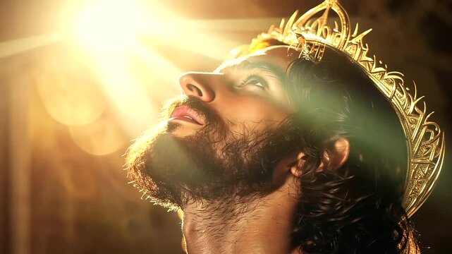 A spiritual portrait of Jesus Christ gazing upward, the golden halo behind him casting soft, glowing rays that blend harmoniously into a heavenly backdrop of warm hues