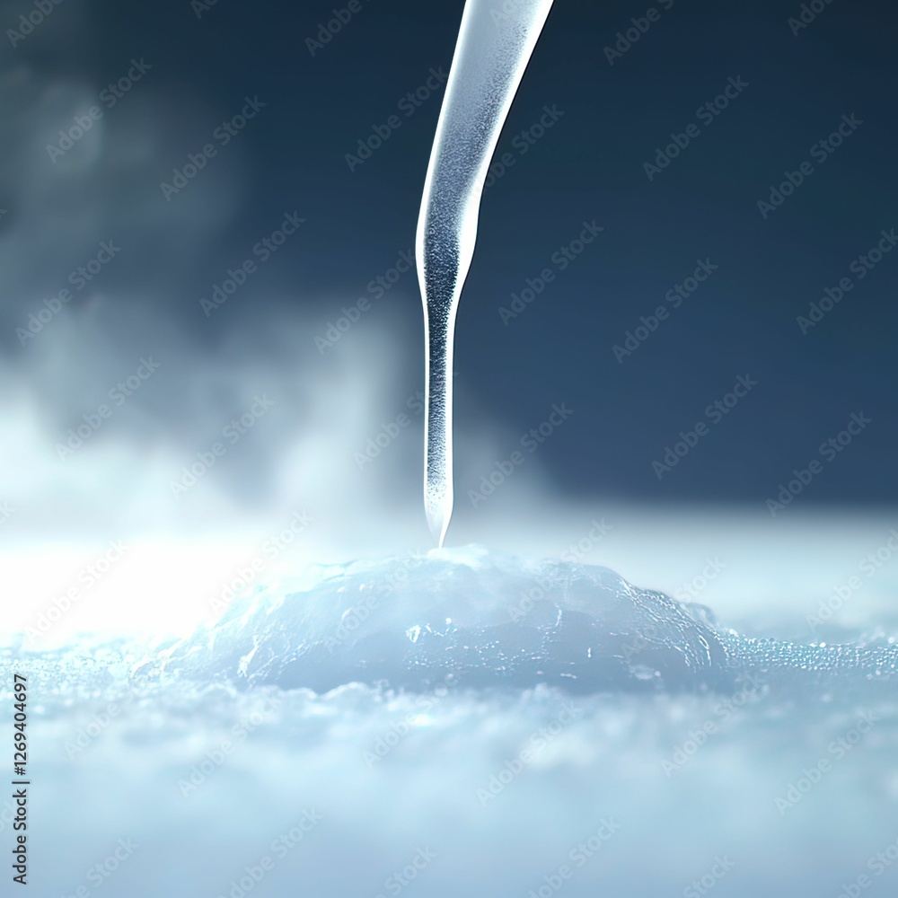 Poster a close-up of a droplet forming and about to fall onto a surface, surrounded by mist, creating a ser