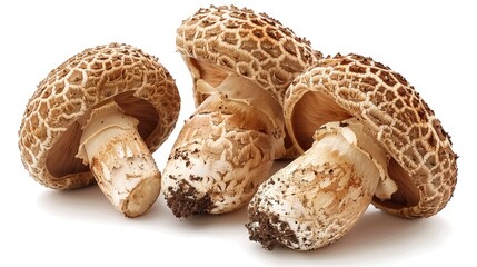 A trio of brown, textured mushrooms with a spotted cap, showcasing their natural beauty against a white background.