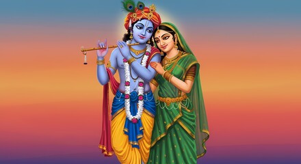 Obraz premium Krishna and Radha: A vibrant depiction of the divine couple Krishna and Radha, symbolizing love, devotion, and spiritual connection. Krishna plays his flute.