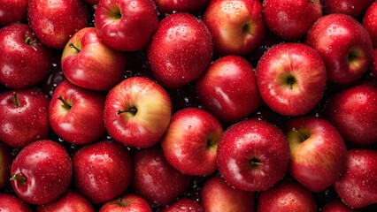 The background is composed of a multitude of ripe, vibrant red apples, each embellished with glistening water drops