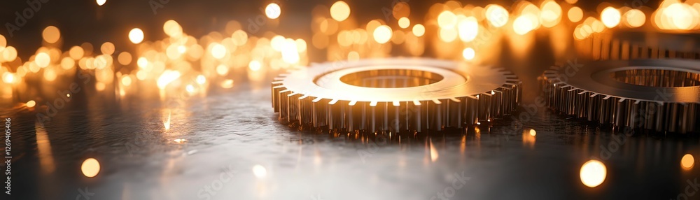 Poster A close-up view of metallic gears illuminated by warm lights, creating a visually striking and dynamic industrial atmosphere.