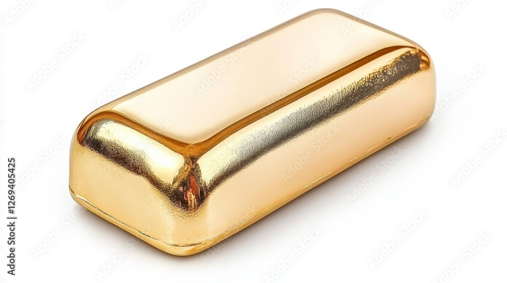 Poster close up view of a gold bar on a white surface. the bar is rectangular with slightly rounded edges, 