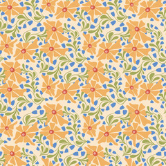 Seamless floral vector pattern with abstract flowers and leaves. Colorful botanical ornament in folk style with yellow, blue, and green elements. Elegant decorative background for textiles and prints.