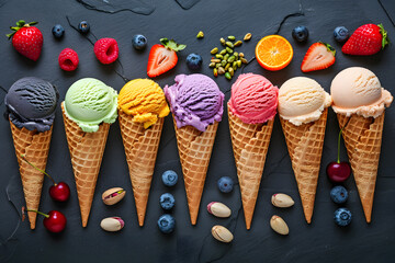 Assorted ice cream cones with fresh berries and nuts on slate