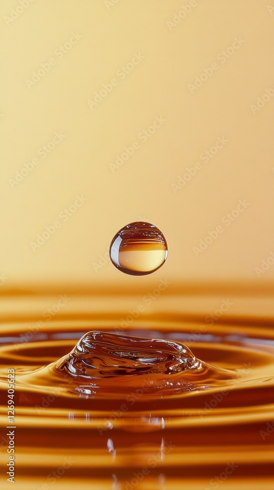 Poster delicate water droplets shimmer against a warm, orange background, gently falling onto a smooth surf