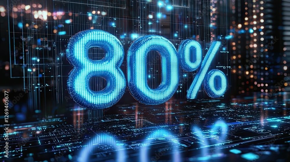 Poster digital display shows 80 percent completion in a futuristic urban setting filled with glowing data p