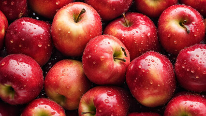A scene filled with an abundance of juicy red apples, their surfaces sparkling with droplets of water, creates an appealing background