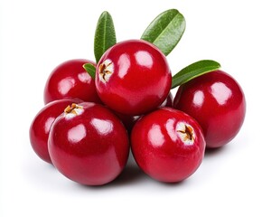Obraz premium Close up of several vibrant red berries clustered together with glossy surfaces and green leaves on a bright white background