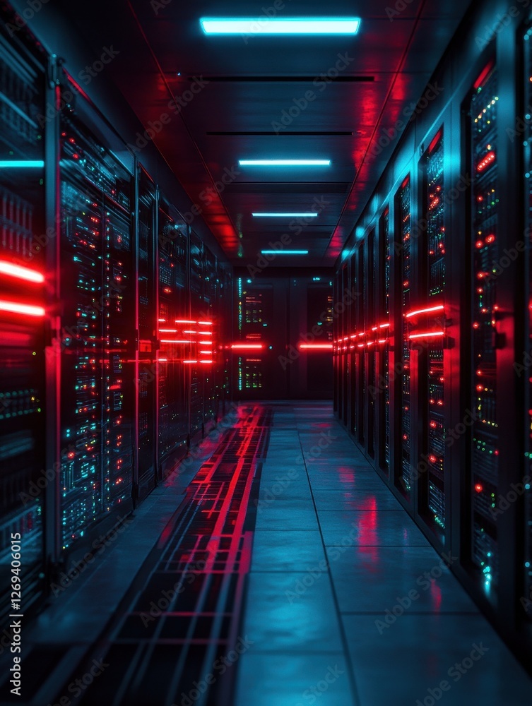 Poster a futuristic server room with red alert lights flashing, indicating a cyberattack in progress
