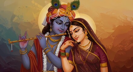 Divine Love: Radha and Krishna, an iconic depiction of divine love and devotion in Hindu mythology, embrace amidst a serene landscape. Krishna plays his flute, creating an enchanting atmosphere.