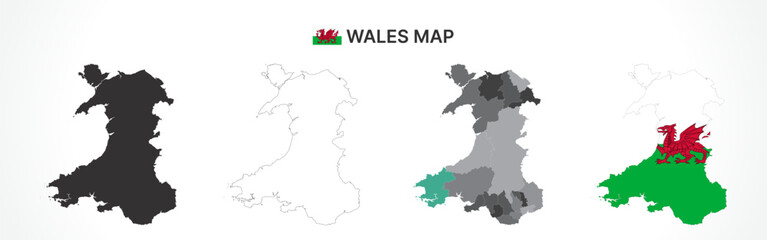 Fototapeta premium Detailed Wales Map Collection with Outline, Silhouette, Counties, and Flag Overlay Variations