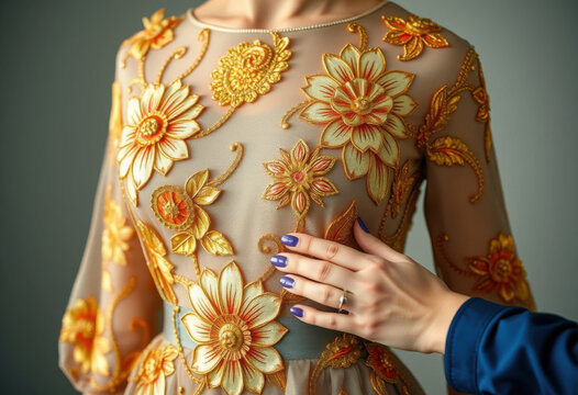 Dise&ntilde;ador de moda bordando un exquisito patr&oacute;n floral en un vestido de seda, hilos dorados brillando elegantemente
