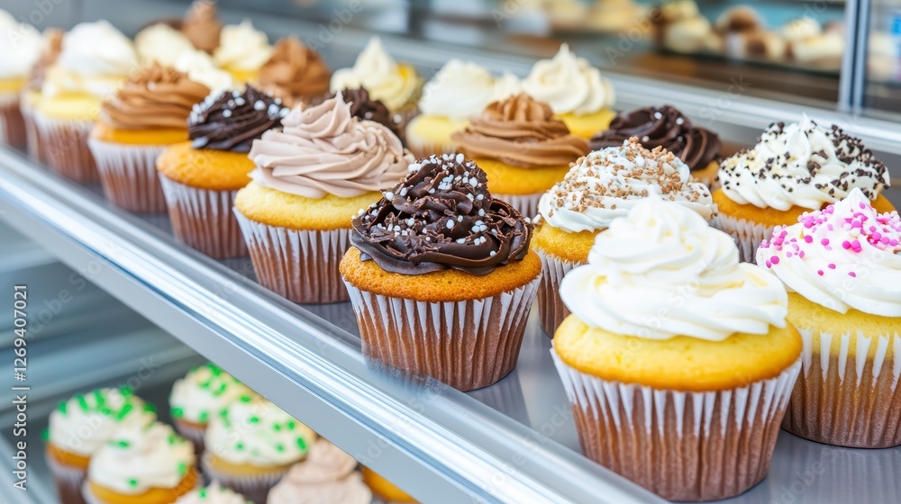 Poster assortment of colorful cupcakes with various frostings and sprinkles displayed on a metal shelf. clo