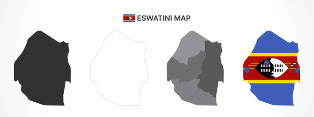 Detailed Eswatini Map Collection with Outline, Silhouette, Regions, and Flag Overlay Variations