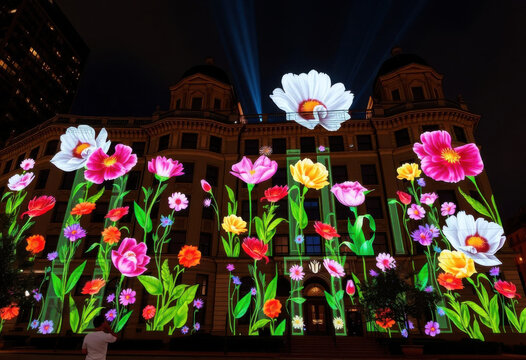 Artista de mapeo de proyecci&oacute;n que transforma un edificio de la ciudad en un luminoso pa&iacute;s de las maravillas floral con animaciones digitales
