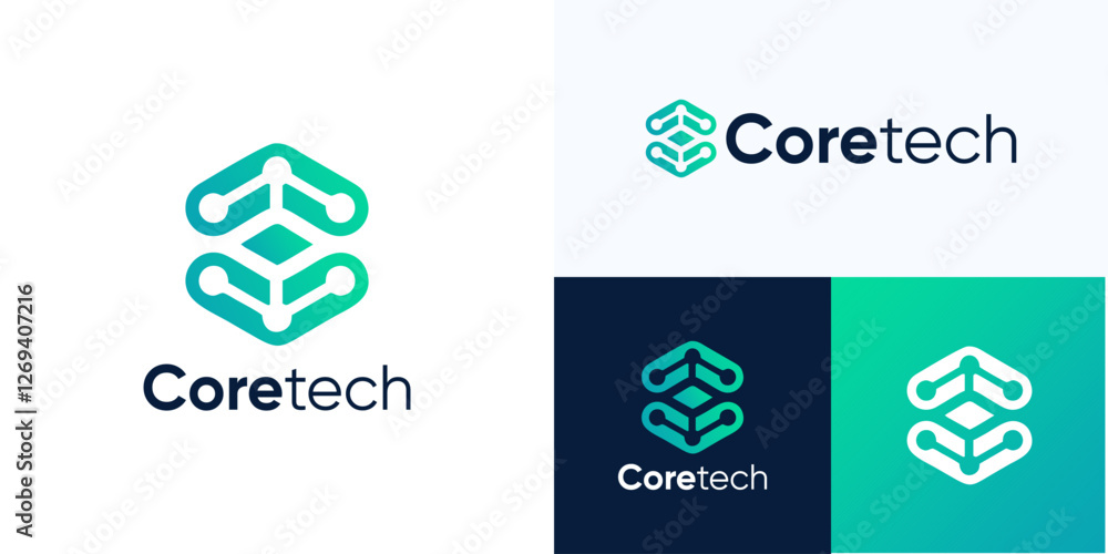 Poster letter c logo with icon connected software, initial c hexagon logo tech connection network vector ic