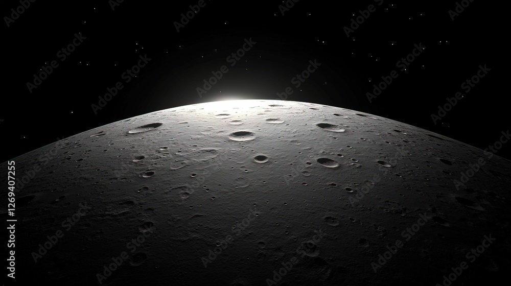 Poster a distant view of a moon's surface, illuminated by a faint light, showcasing craters against a dark 